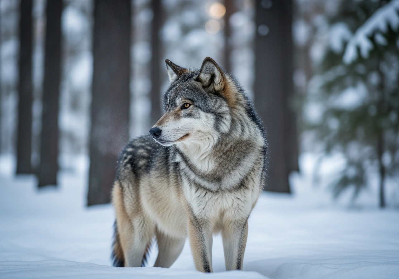 Gray wolf standing alert in a snowy forest, looking into the distance