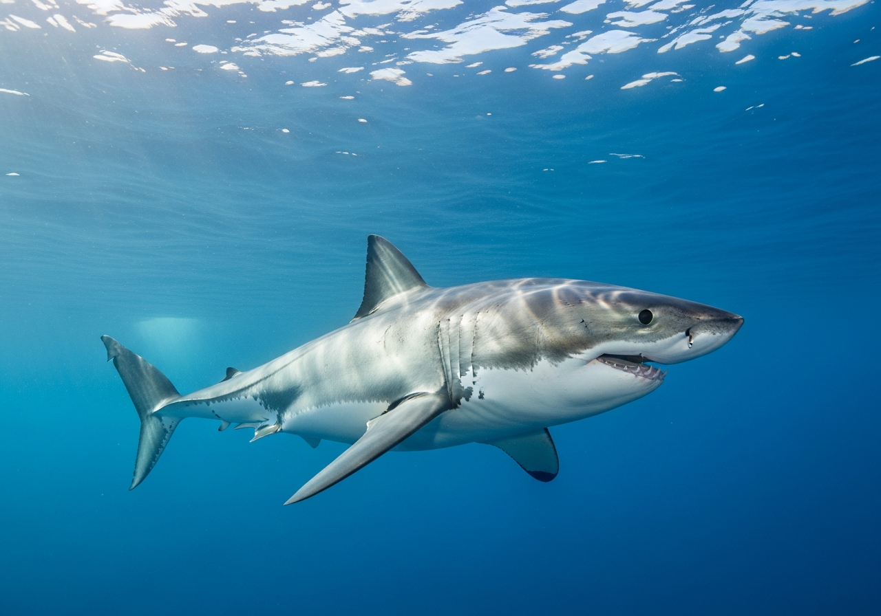 Great white shark swimming in clear blue ocean water, showing its grey back, white underside, and powerful body