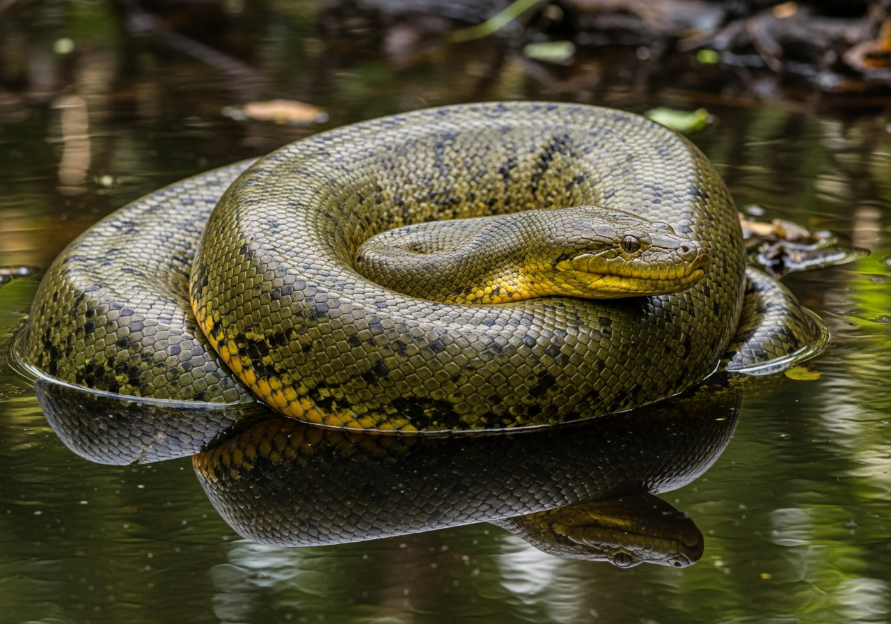 Green anaconda with dark blotches coiled at the edge of a murky Amazon swamp