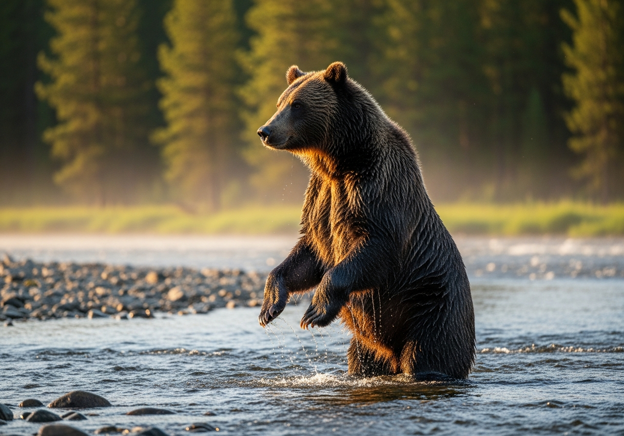 Grizzly bear standing in a shallow river with pine forest behind