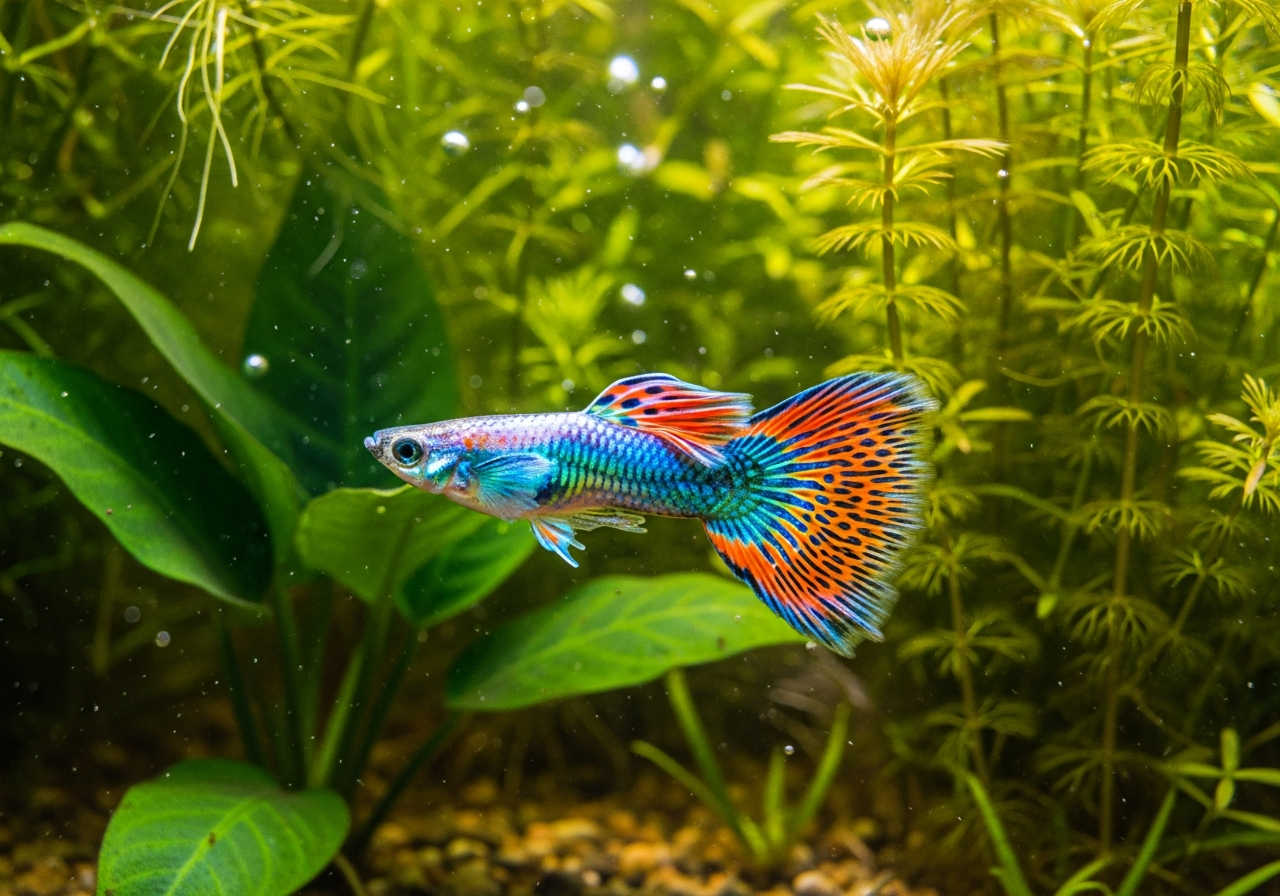 Brightly colored male guppy with a flowing fan-shaped tail in a planted aquarium