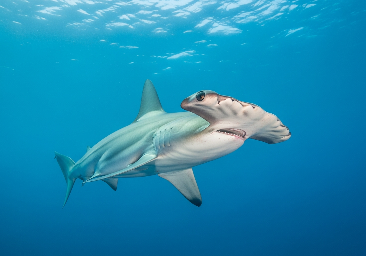 Hammerhead shark with its distinctive wide flat head swimming in blue water