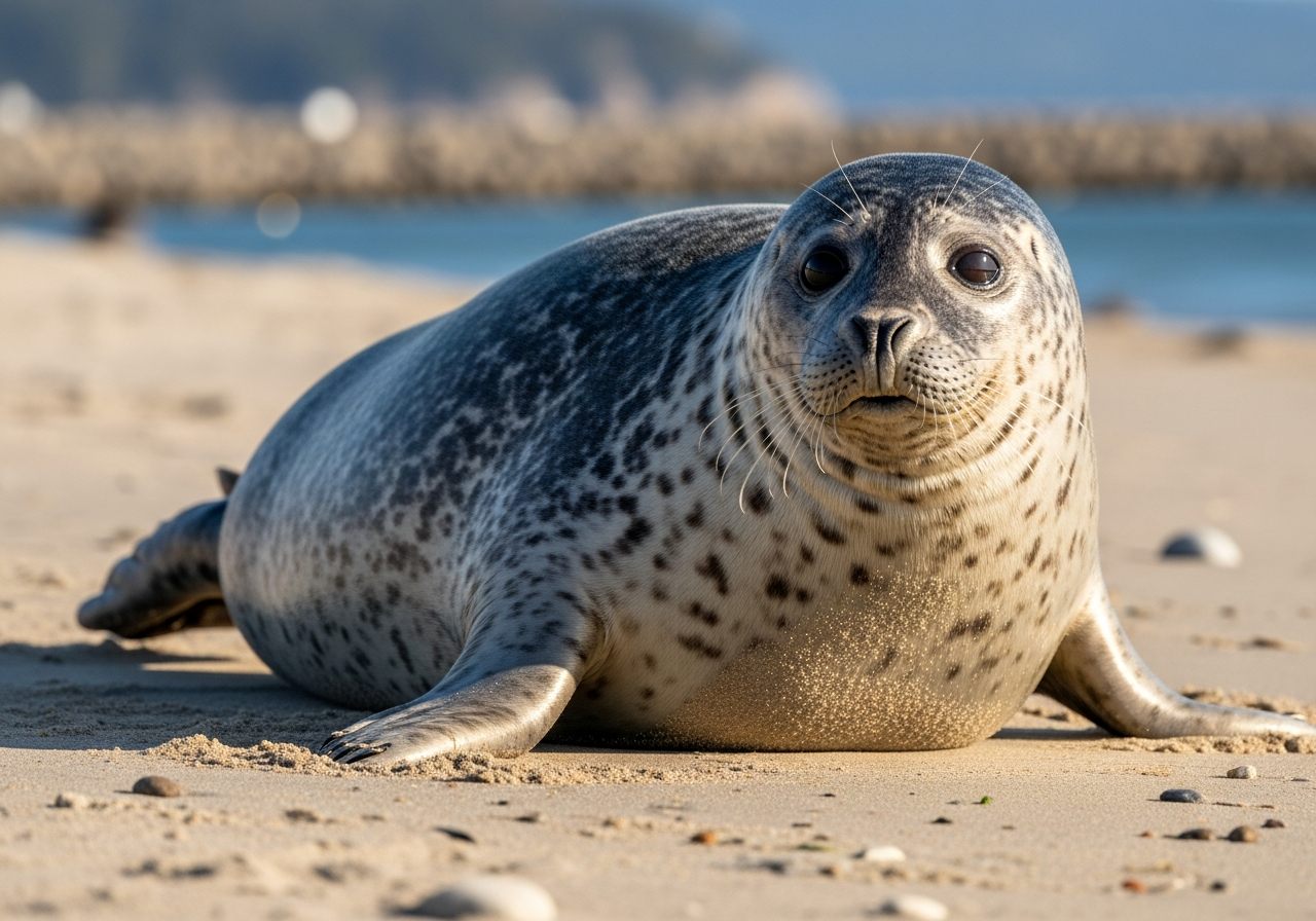 Harbor seal resting on a sandy beach, showing its spotted silver-grey coat and large dark eyes with no external ears
