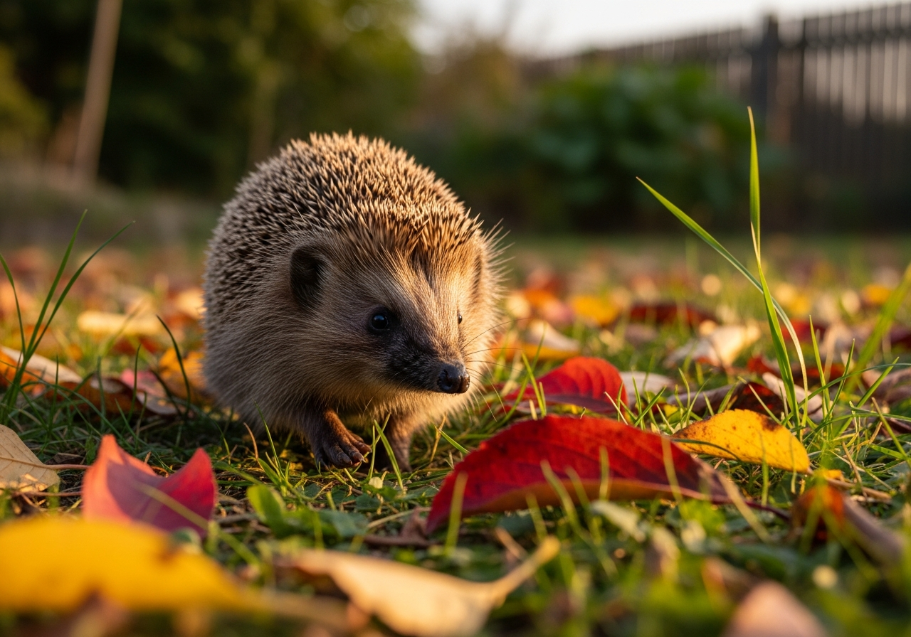 European hedgehog walking through autumn leaves and grass at dusk