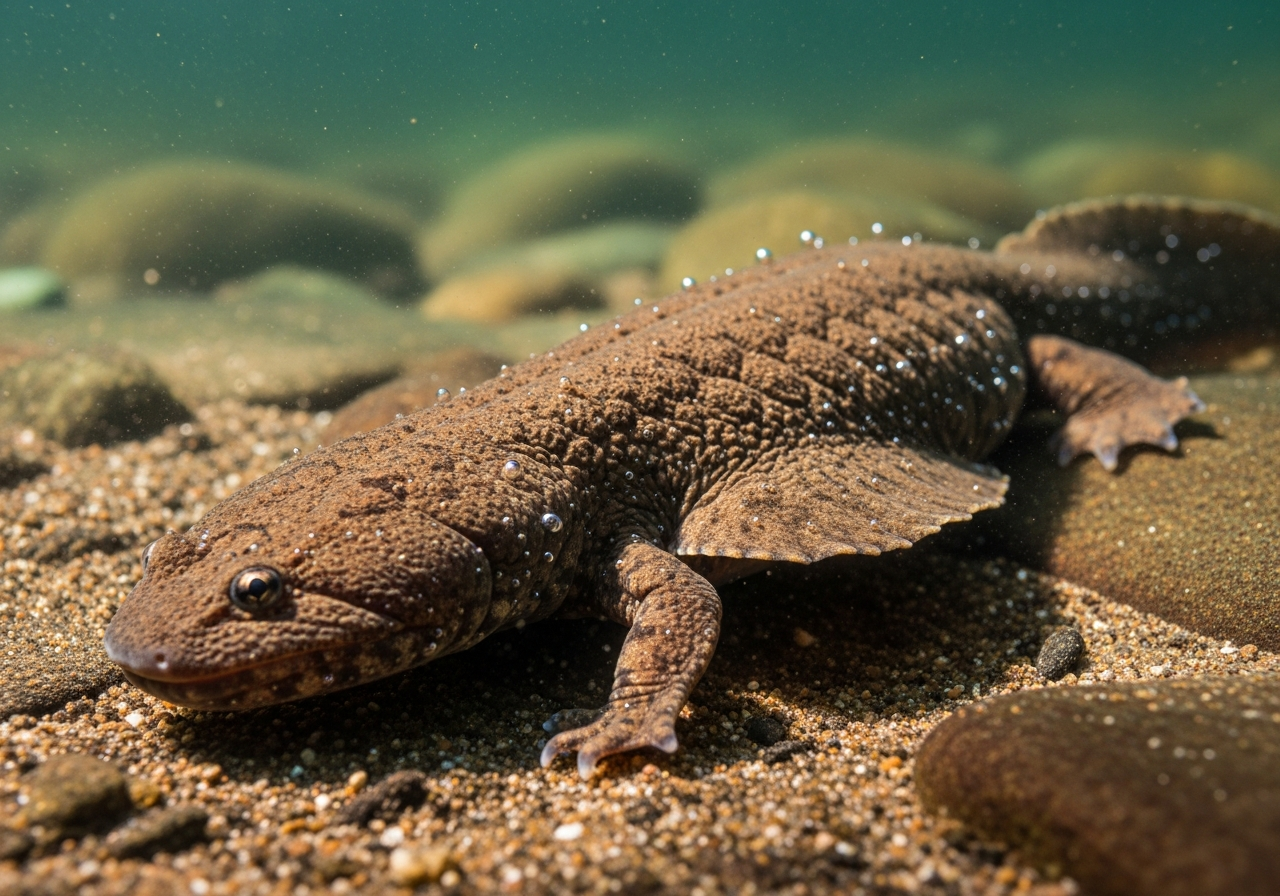 Large flat brown hellbender salamander with wrinkled skin on a streambed rock