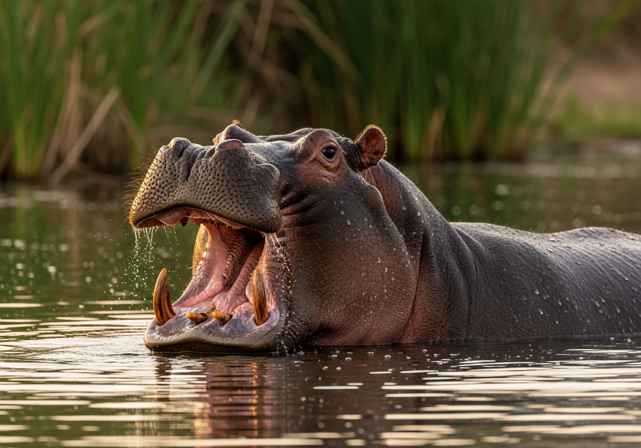 Hippopotamus half-submerged in an African river with its mouth slightly open