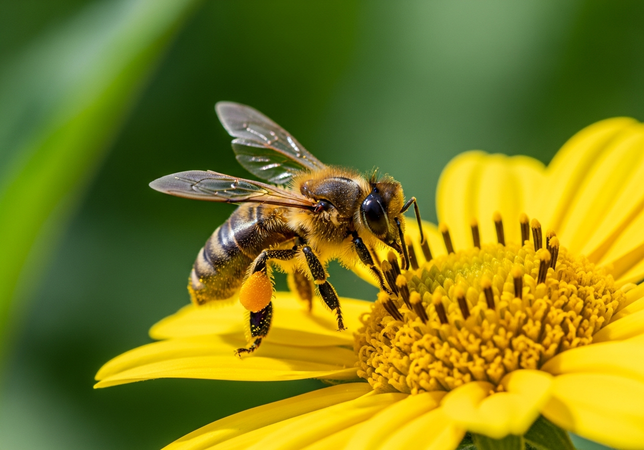 Honey bee covered in pollen landing on a bright yellow flower