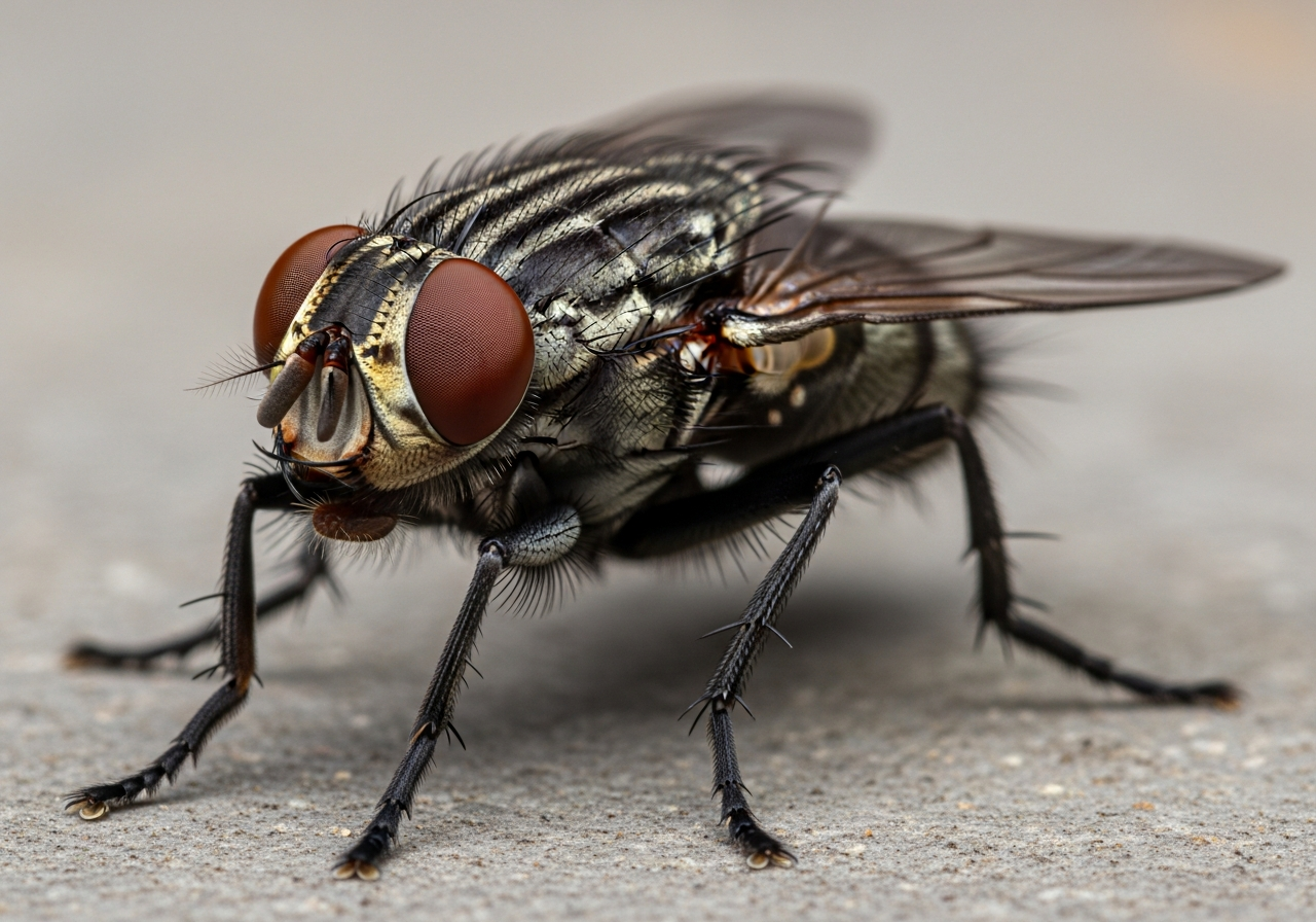 Common housefly with red eyes and clear wings resting on a surface