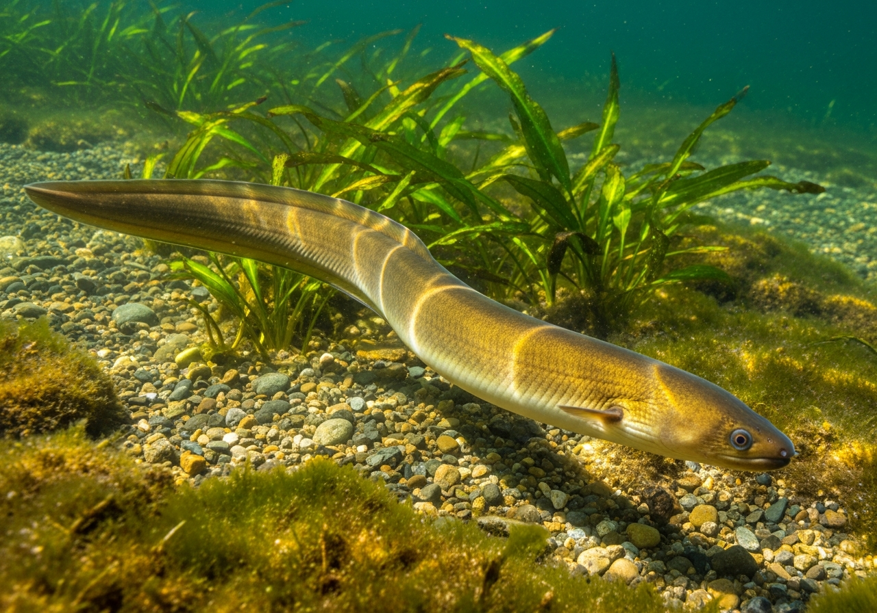 European eel swimming in clear water showing its long snake-like body and smooth skin