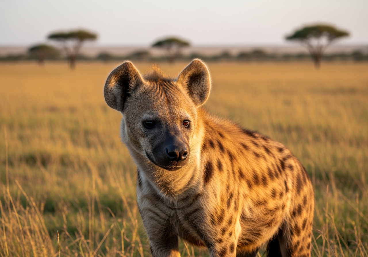 Spotted hyena with a sloping back and spotted coat standing alert on dry African grassland