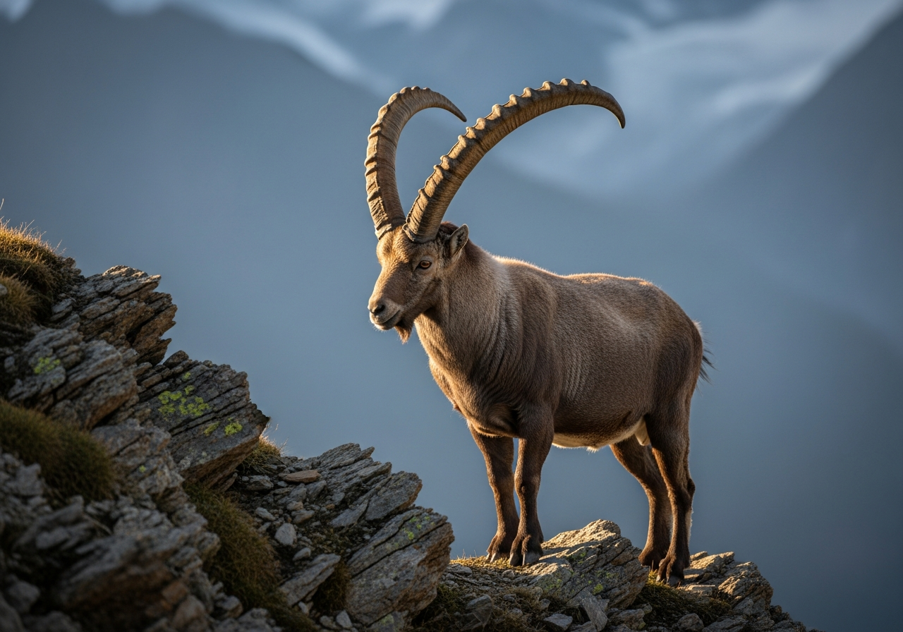 Alpine ibex with long ridged curving horns standing on a rocky mountain ledge