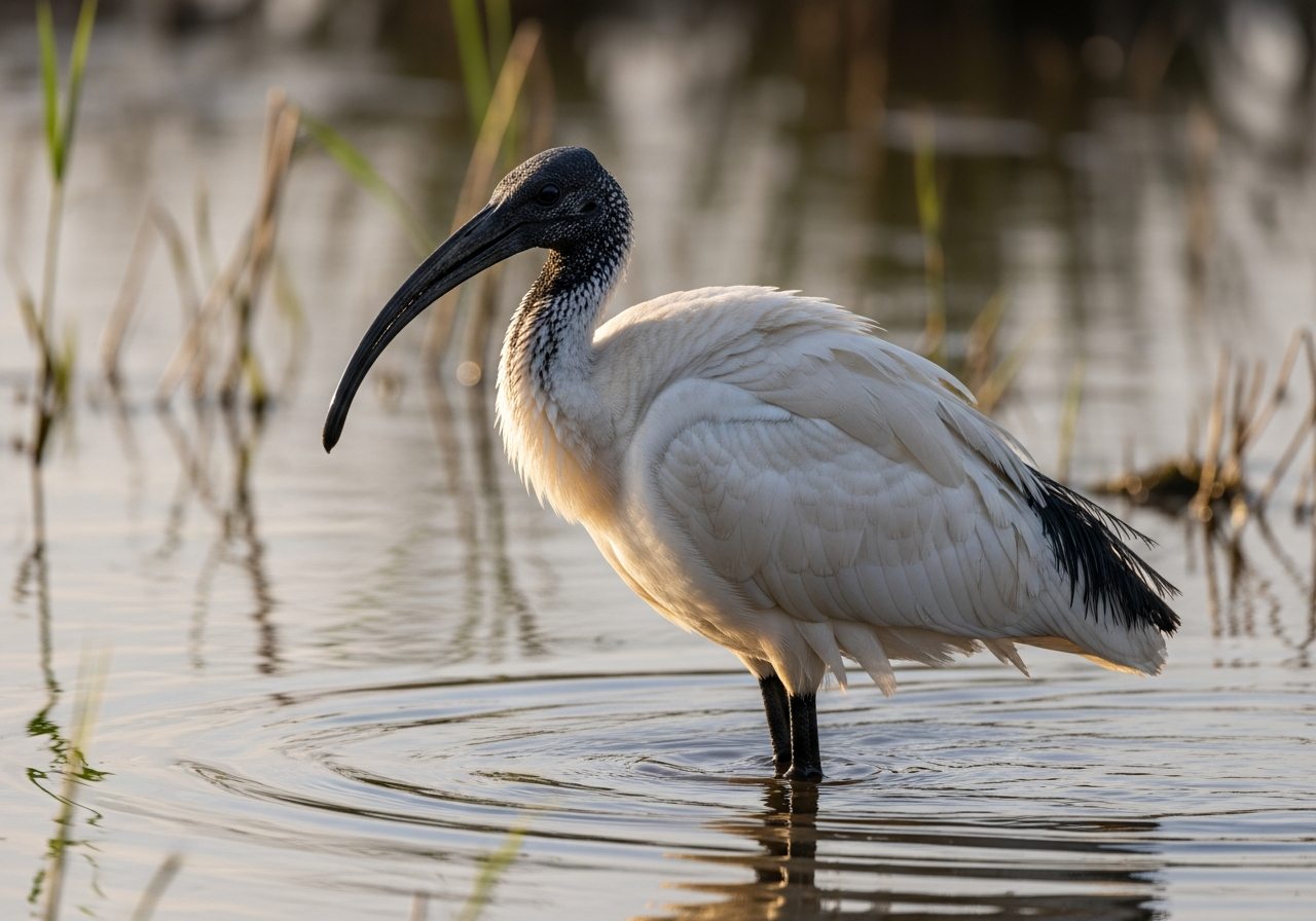 Sacred ibis with white body, black head, and long curved bill wading in shallow water