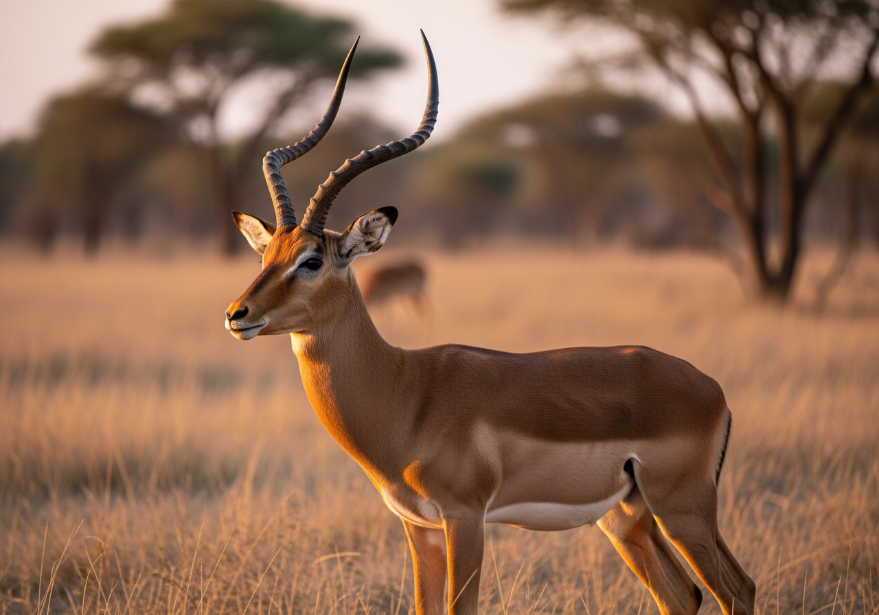 Male impala with curved lyre-shaped horns standing alert on the African savanna