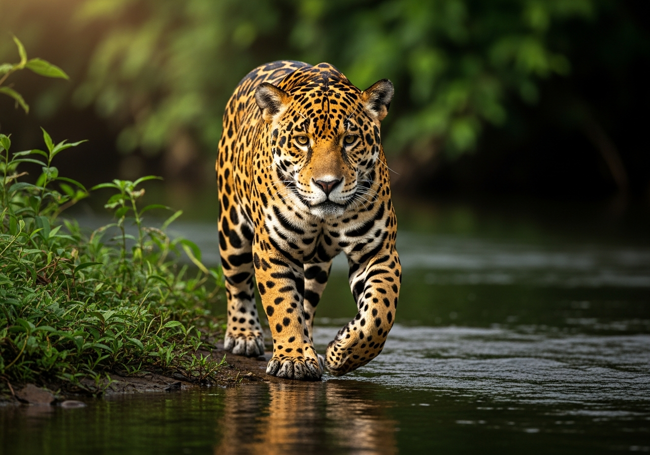 Jaguar with a rosette-patterned coat walking along a rainforest riverbank
