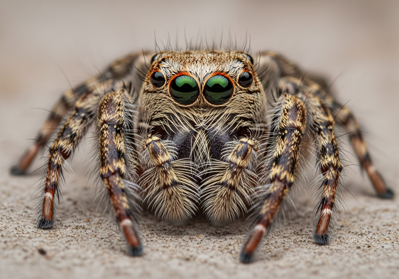 Close-up of a fuzzy jumping spider with large round front eyes on a leaf