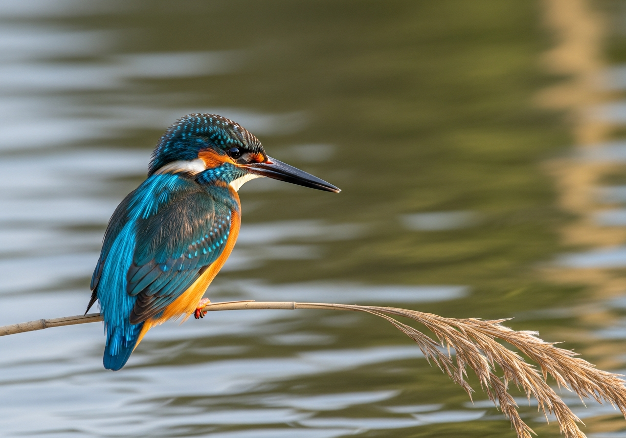 Common kingfisher with bright blue back and orange chest perched over a river
