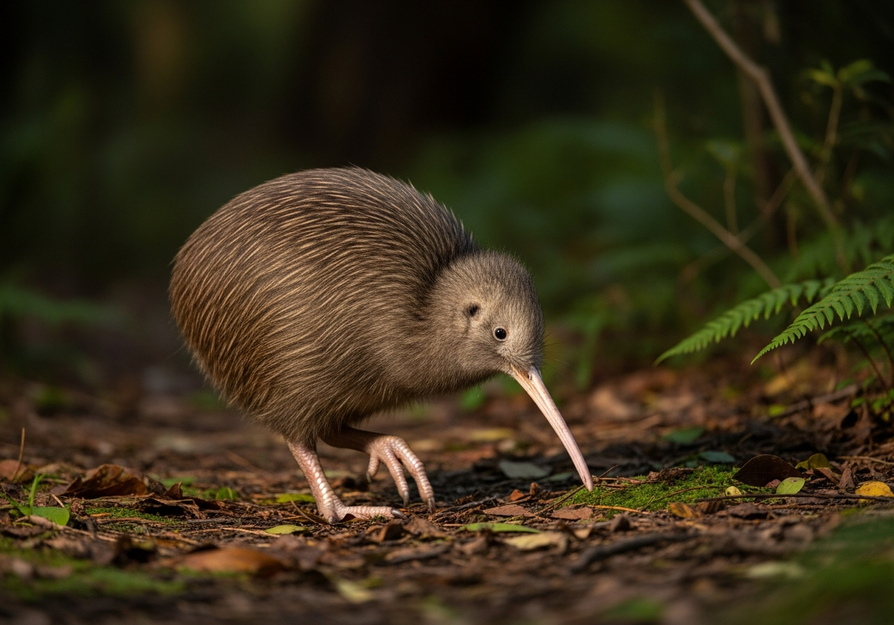 Brown kiwi foraging at night on the New Zealand forest floor, showing its long bill and rounded body