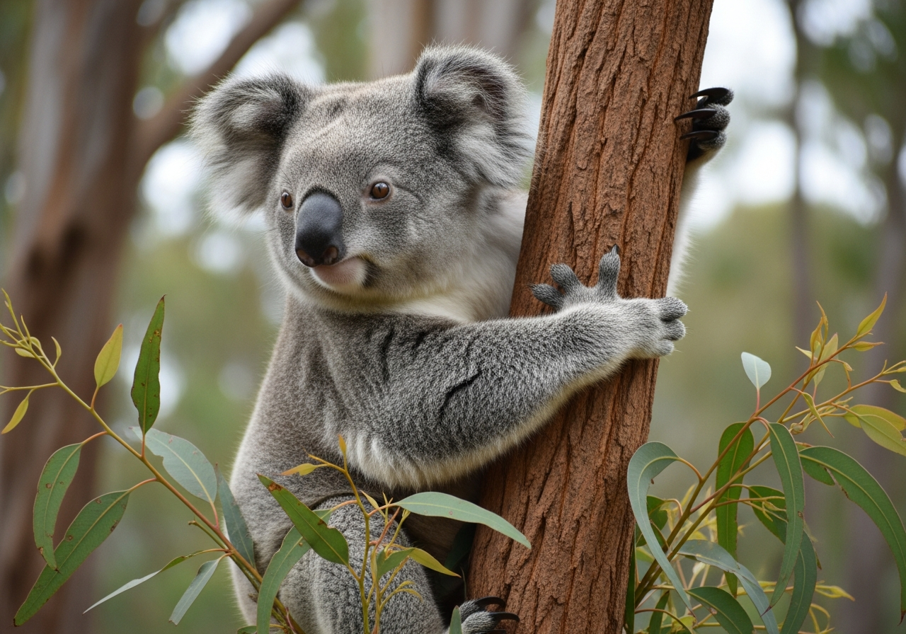 Koala with fluffy grey fur clinging to a eucalyptus tree trunk
