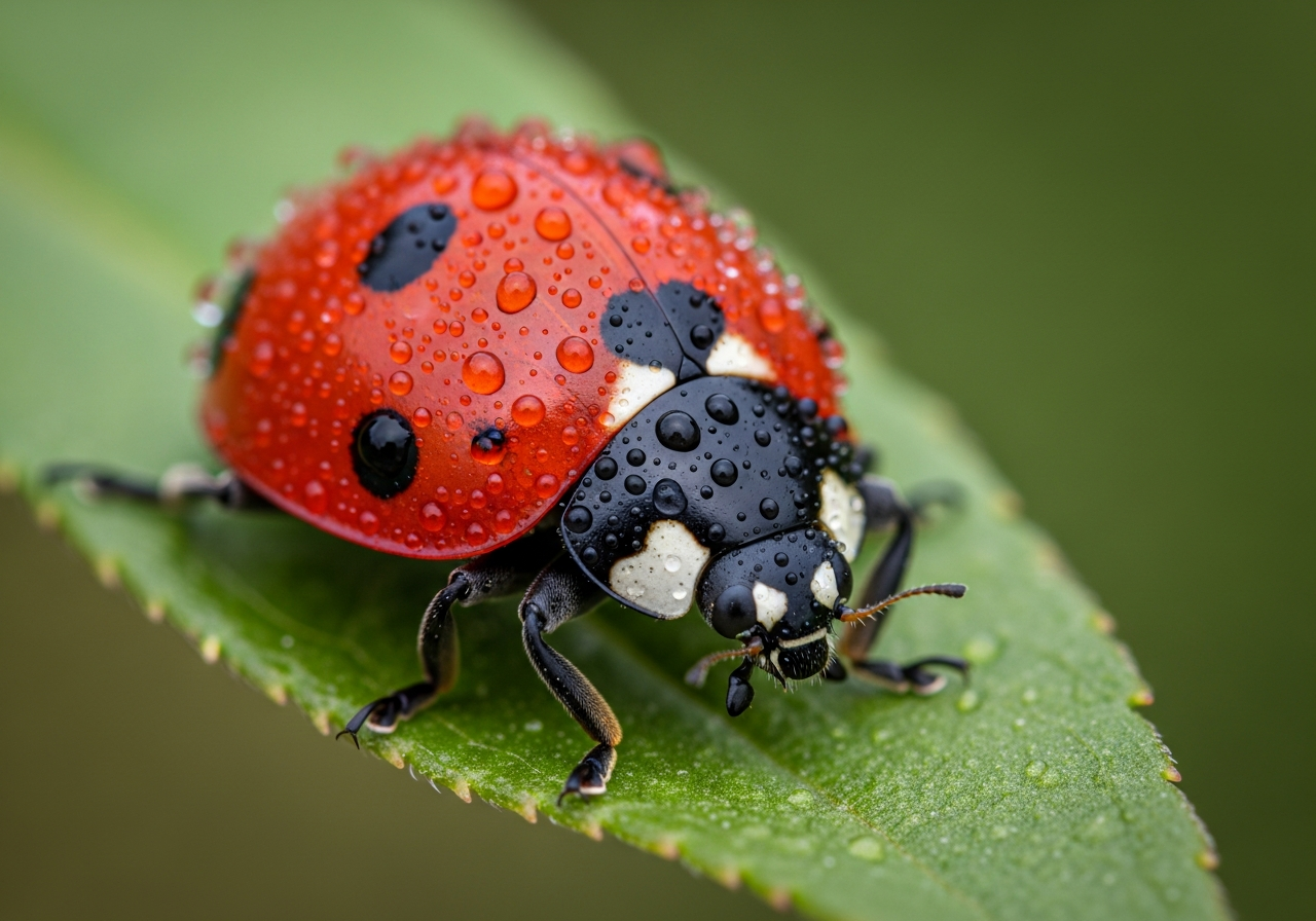 Red ladybug with black spots resting on a green leaf