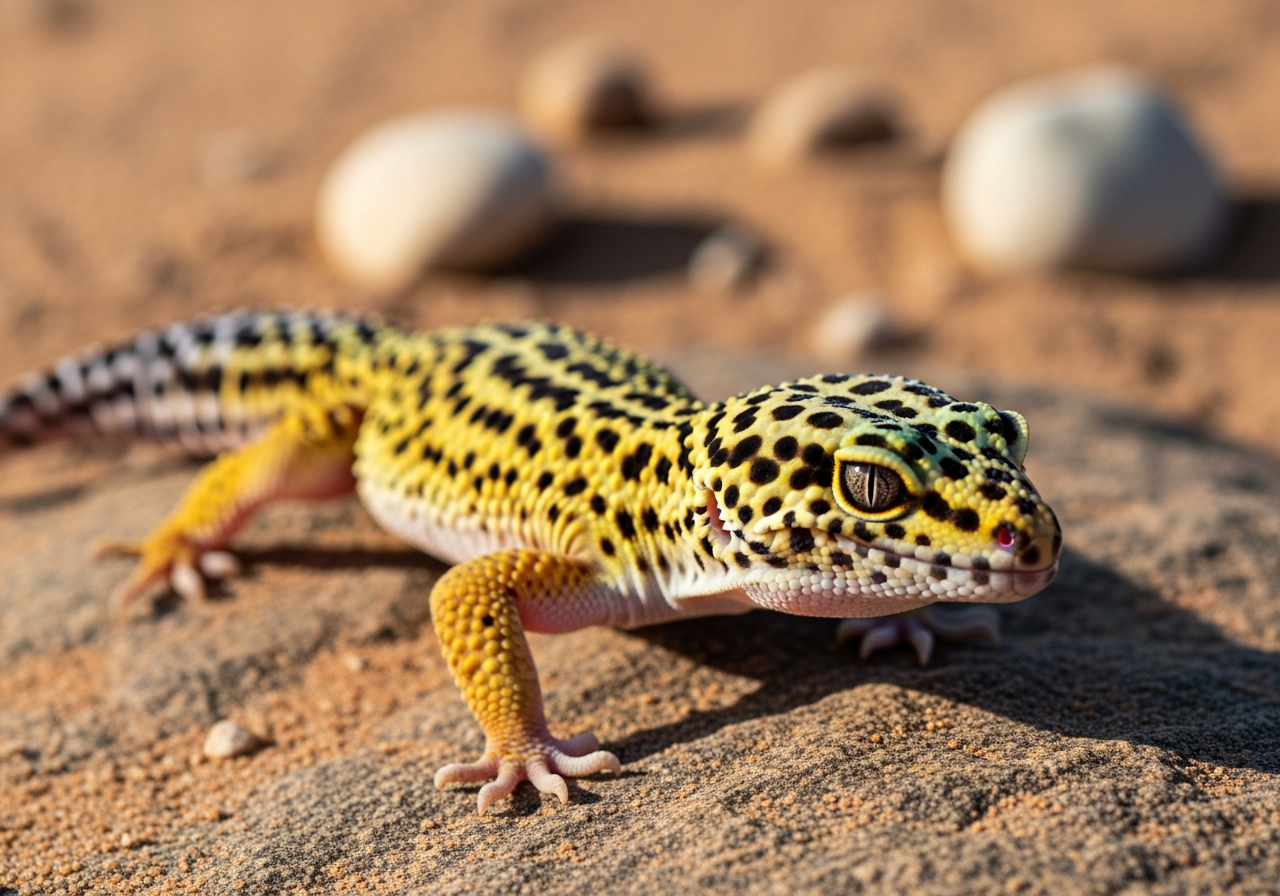 Leopard gecko with yellow skin and dark spots standing on sandy desert ground