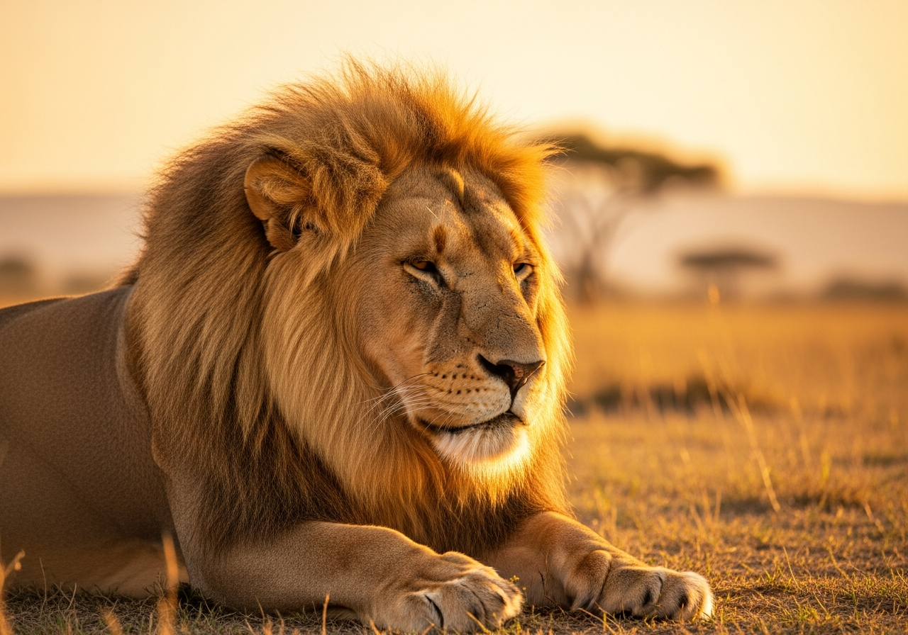 Adult male lion with a full mane resting on the African savanna at golden hour