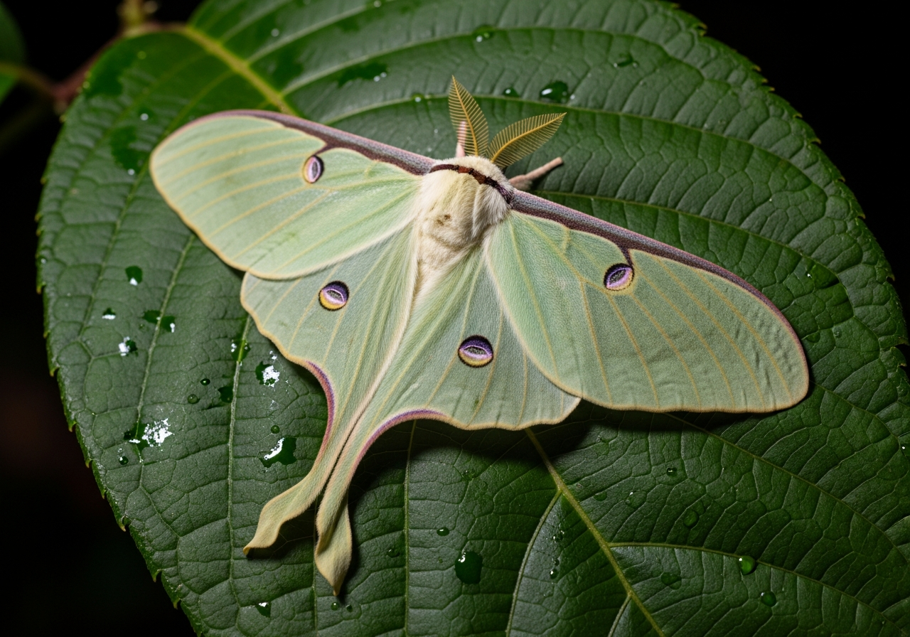 Pale green luna moth with long curved tails on its hindwings resting on bark