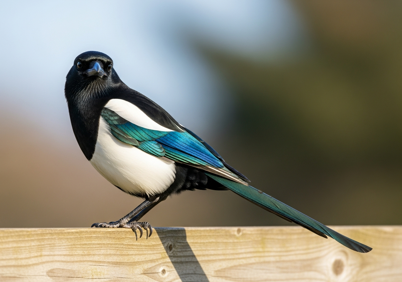 Eurasian magpie with black-and-white plumage and iridescent wings perched on a fence