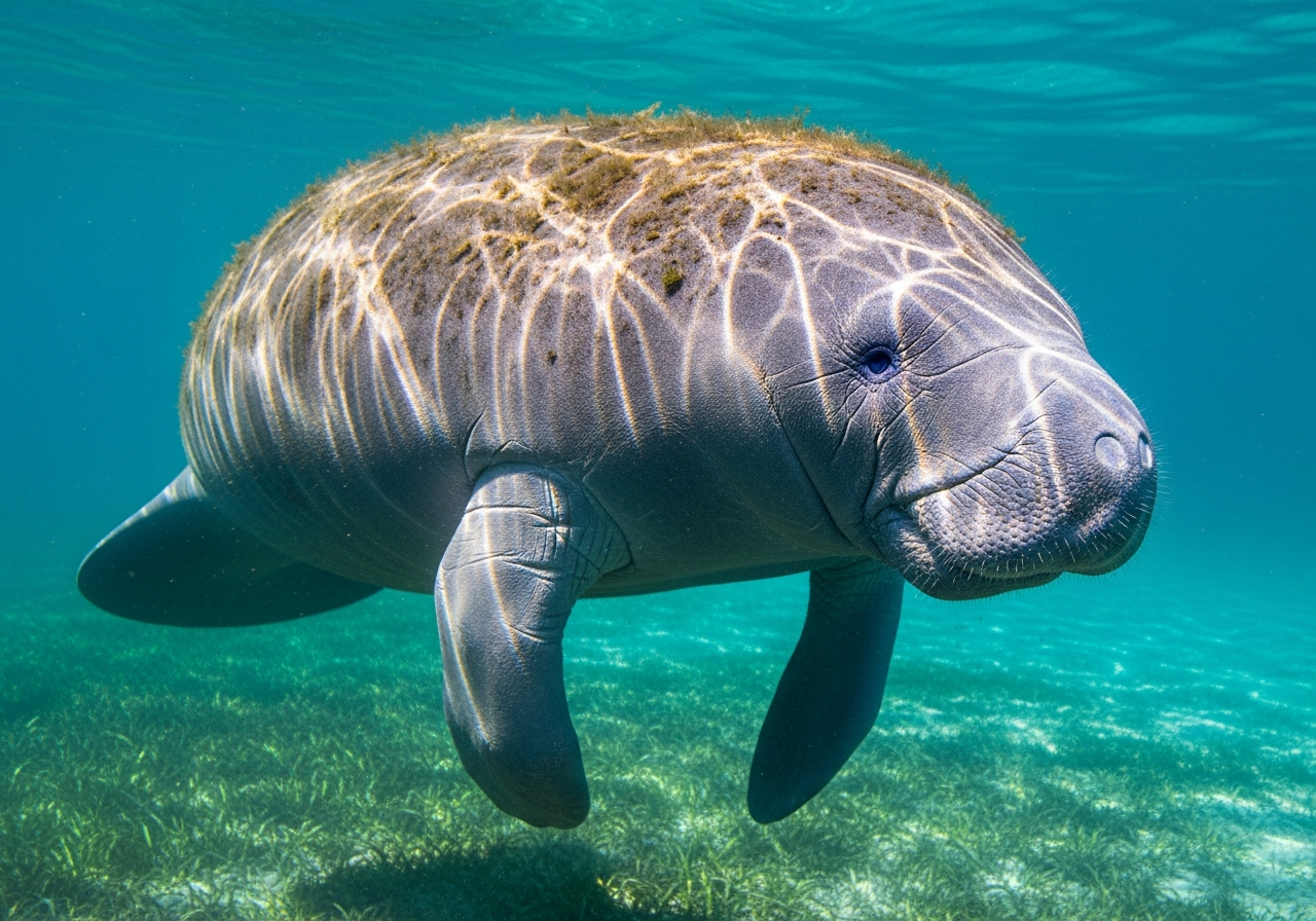 West Indian manatee floating in clear turquoise spring water, showing its rounded grey body and paddle-like flippers