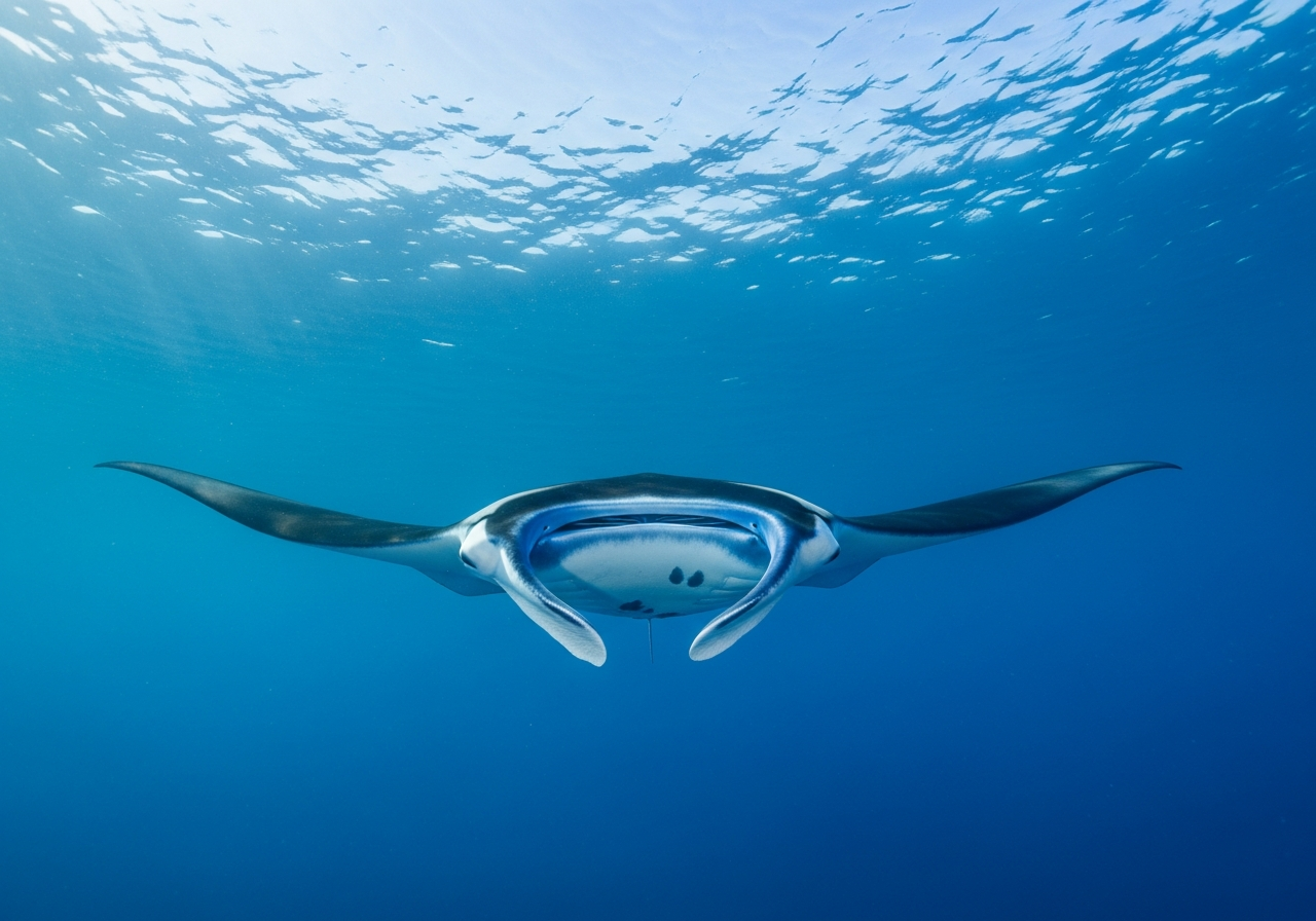 Large manta ray gliding through blue ocean water with wings spread