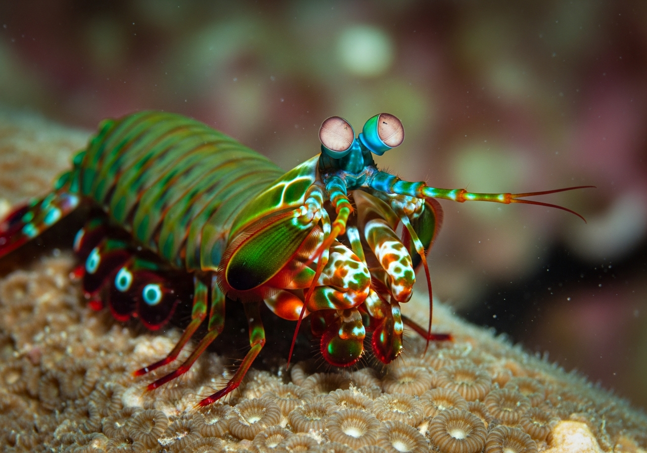 Peacock mantis shrimp with vivid green, red, and blue body peering out of a reef burrow