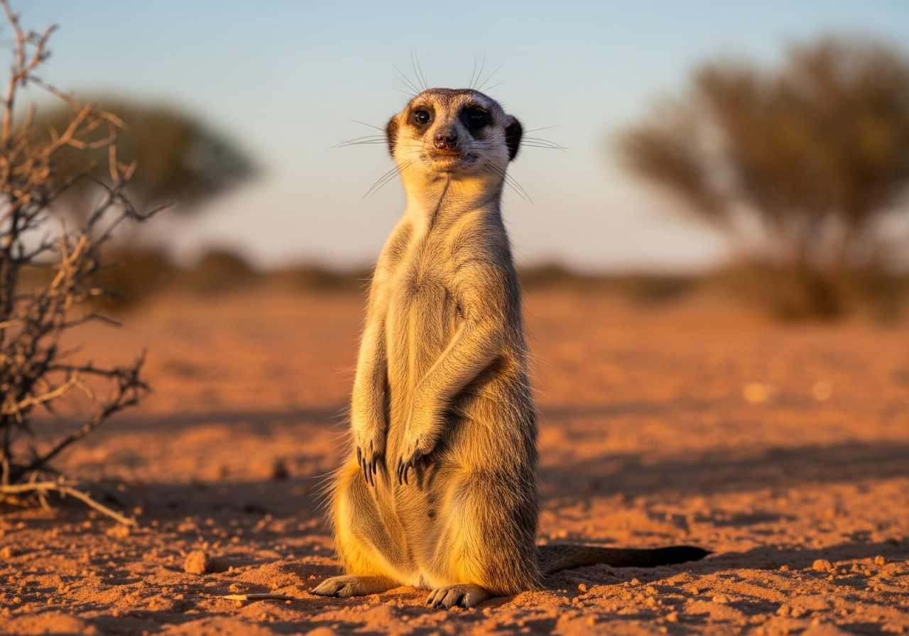 Meerkat standing upright on sandy ground in the Kalahari at golden hour