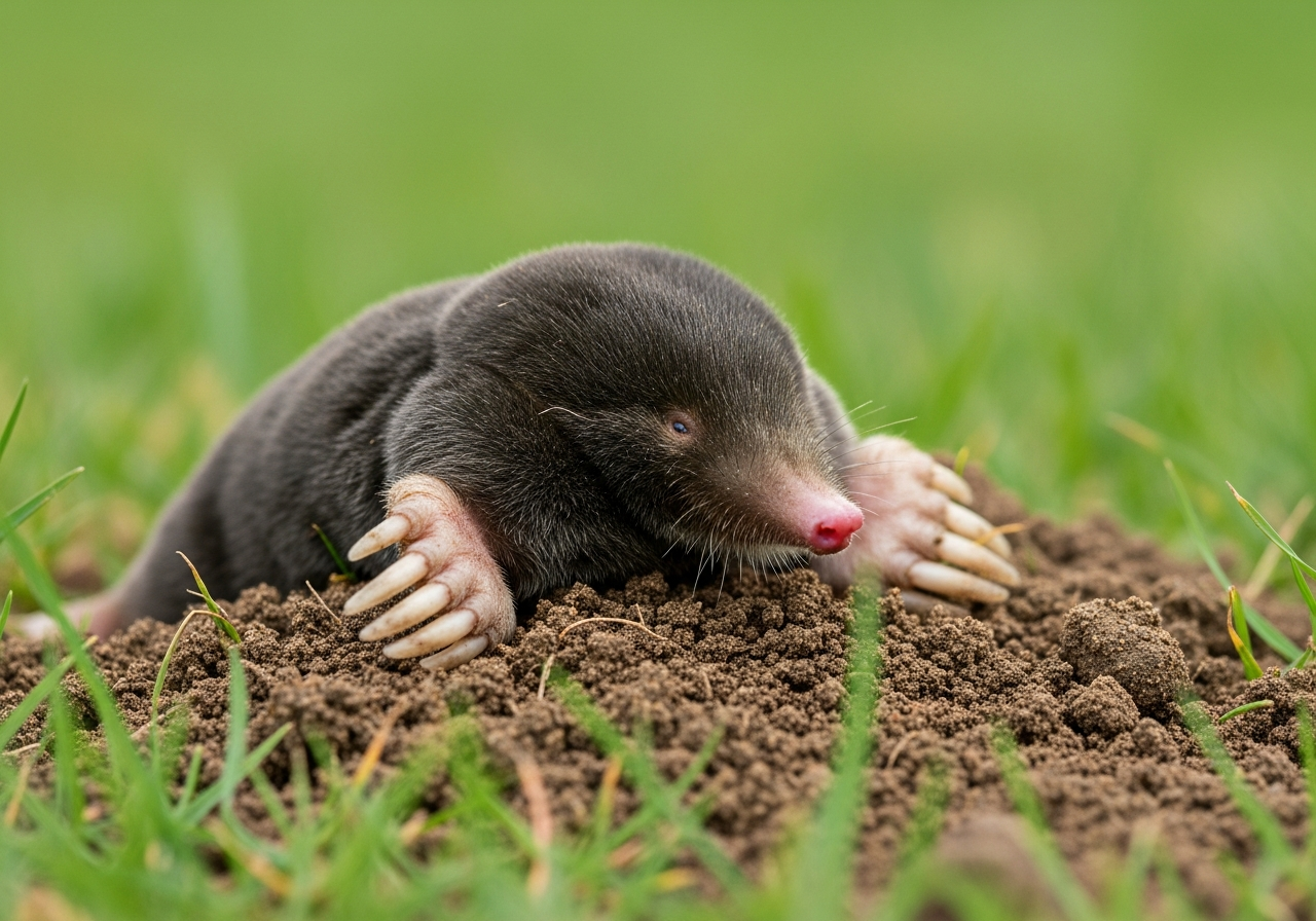 European mole with velvety black fur and large pink digging claws emerging from a molehill
