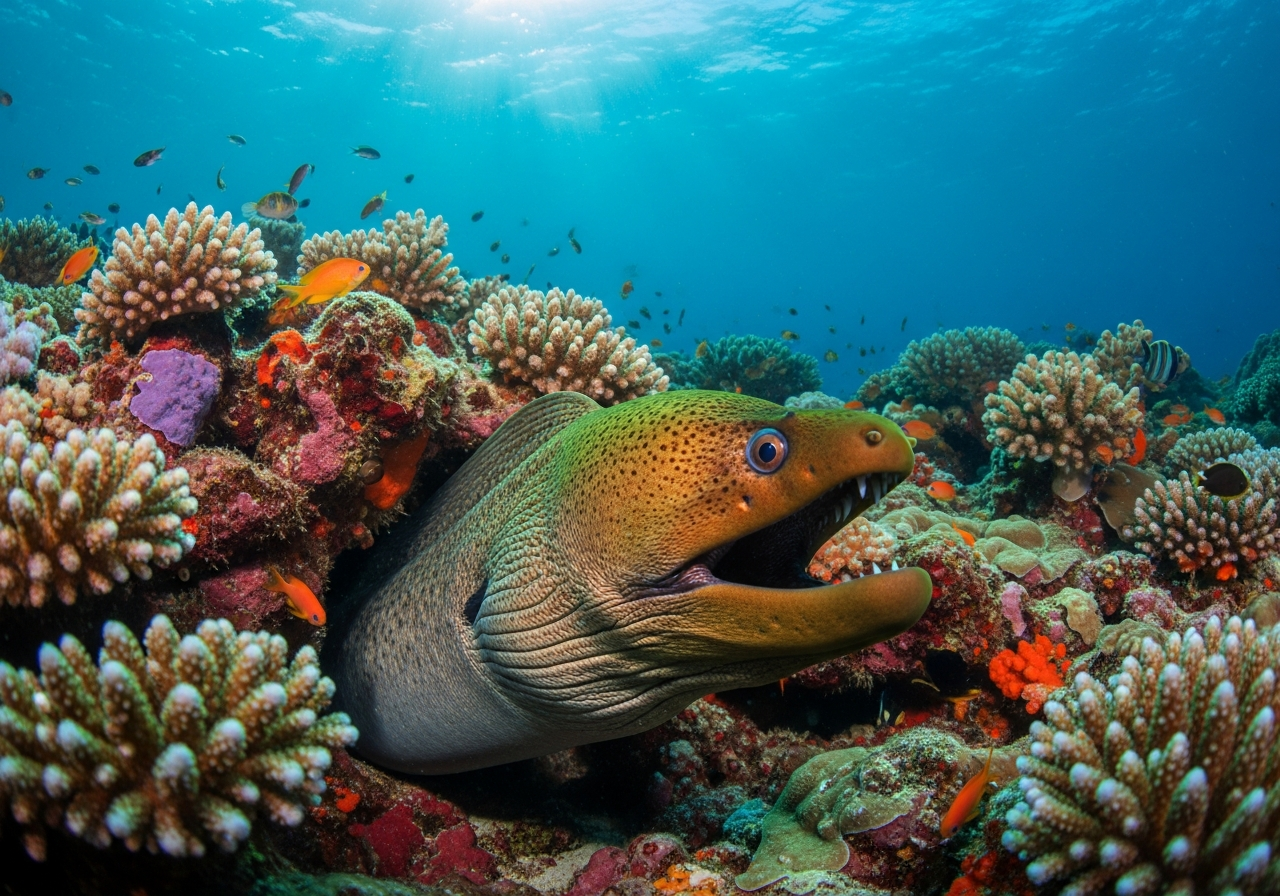 Green moray eel peering out from a crevice in a coral reef with mouth open