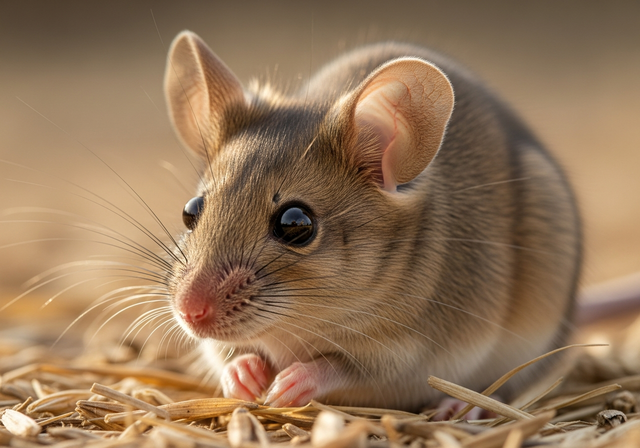 House mouse with large ears and bright eyes sitting among dry grass seeds