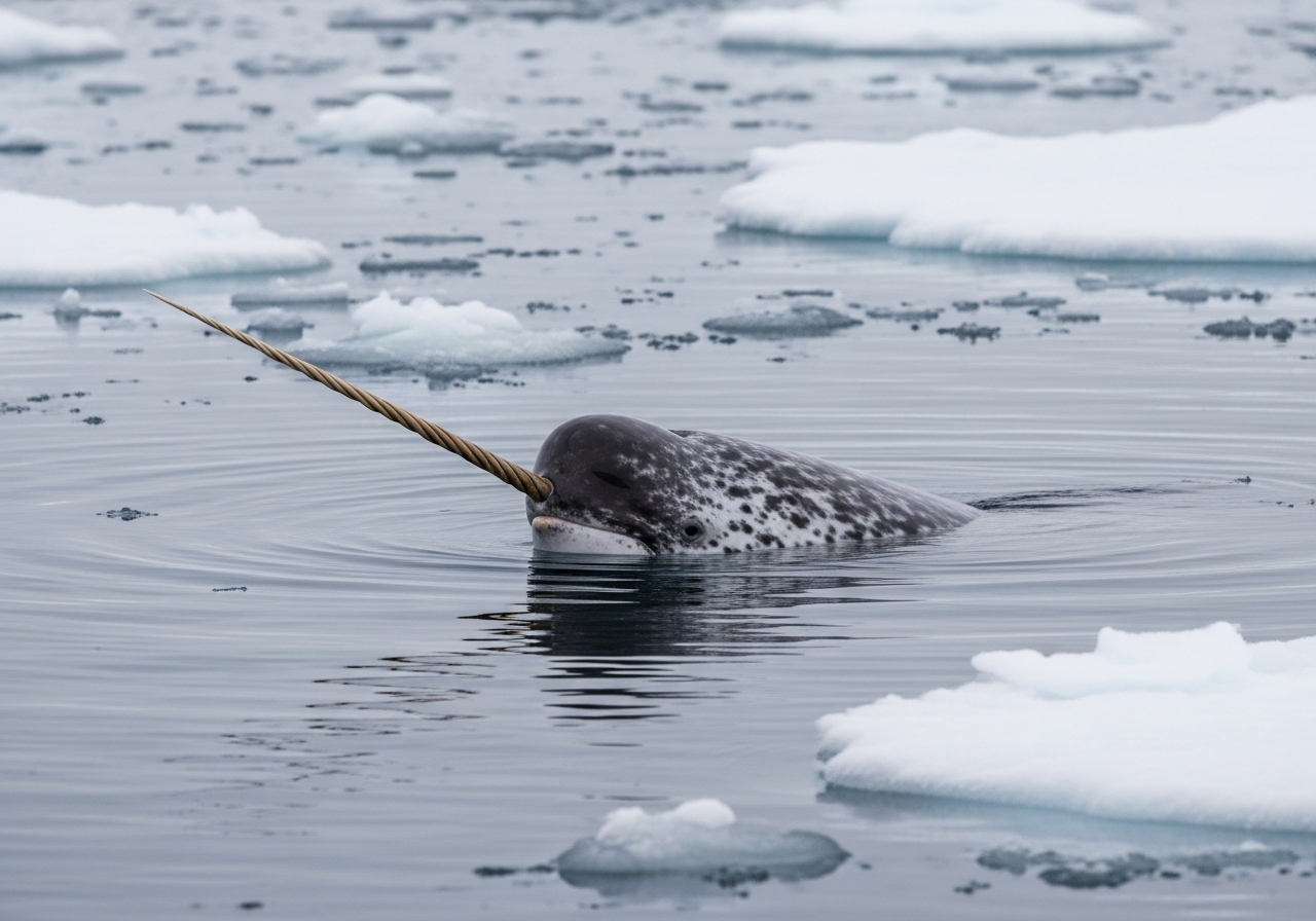 Narwhal surfacing in cold Arctic water near pack ice, showing its mottled body and long spiraled ivory tusk