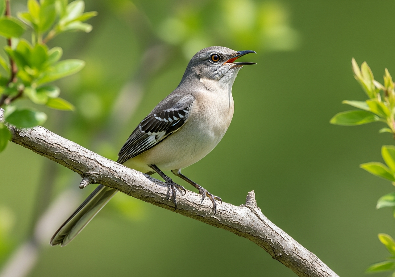 Northern mockingbird perched on a branch with beak open, grey with white wing patches