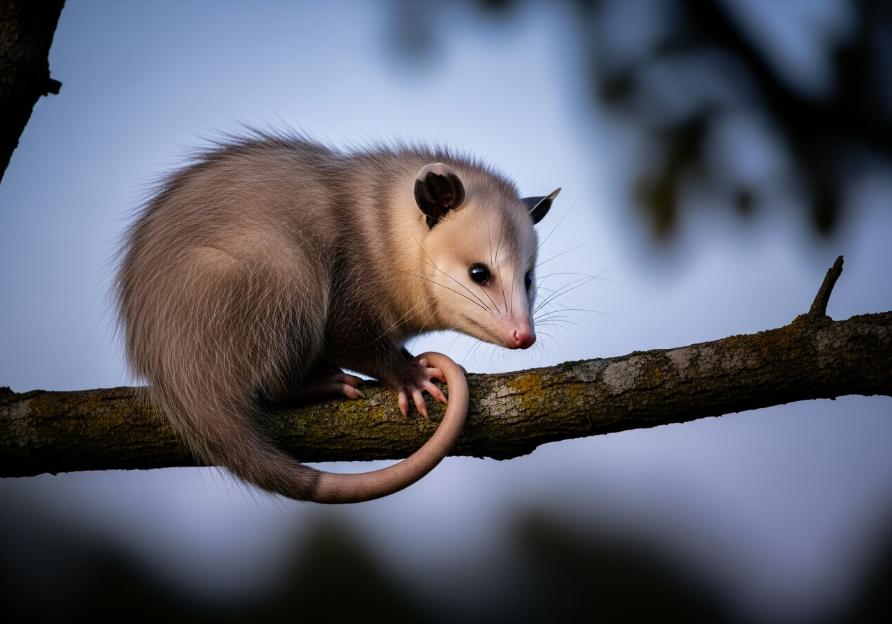 Virginia opossum with pale grey fur, pink nose, and hairless tail on a tree branch at night