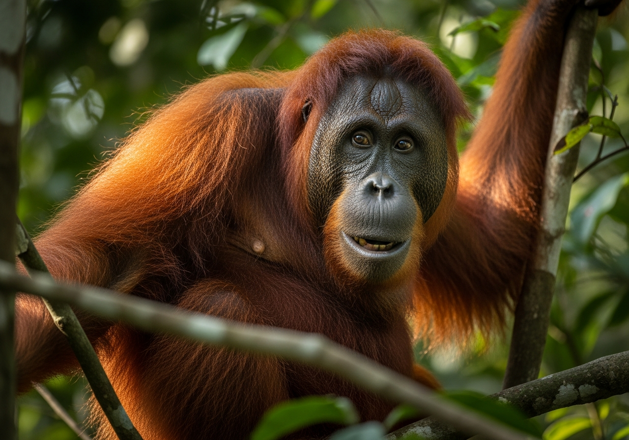 Orangutan with shaggy reddish-orange hair hanging from a rainforest tree branch