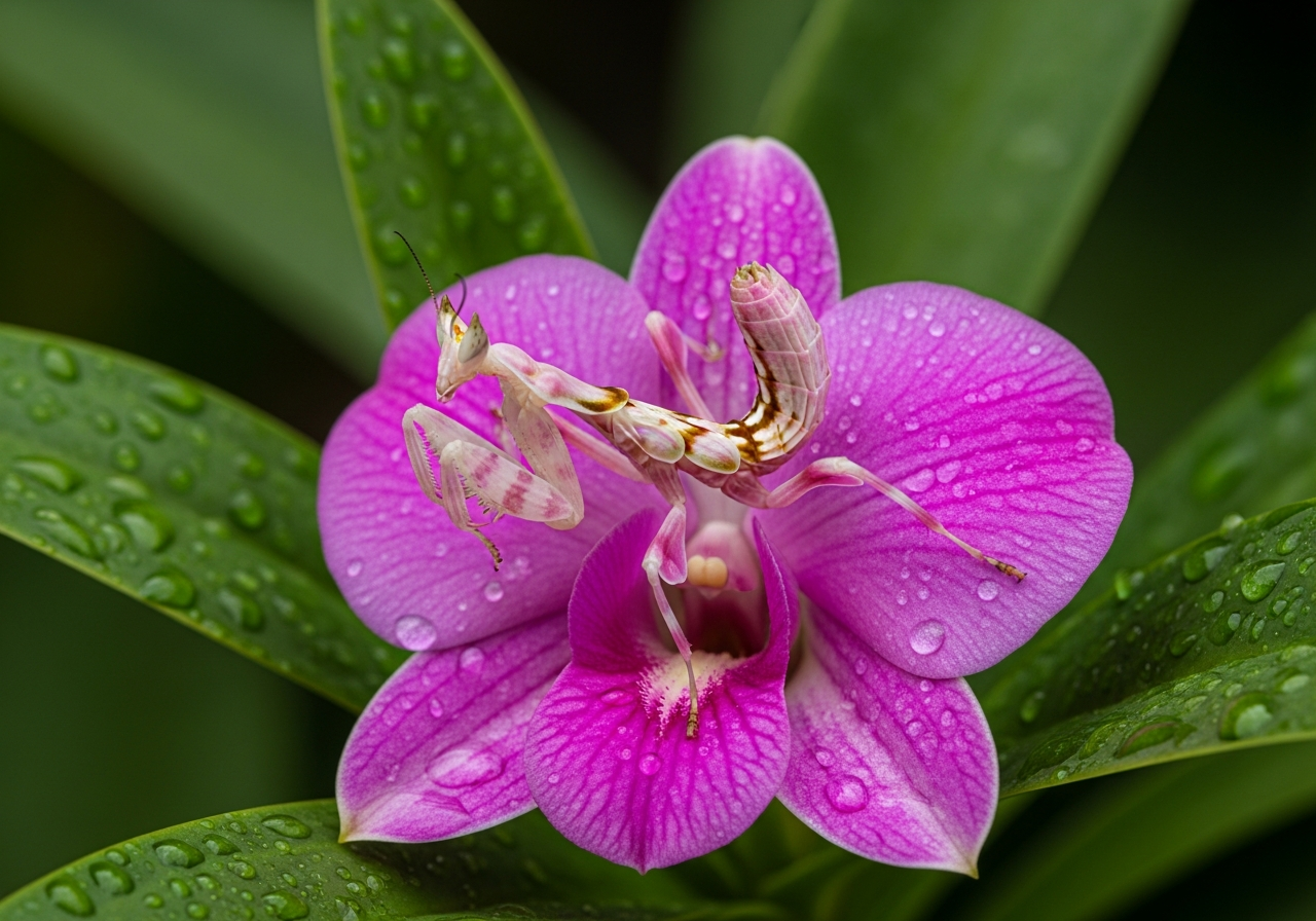 Orchid mantis perched on a stem showing its pale pink petal-shaped lobed legs and white body
