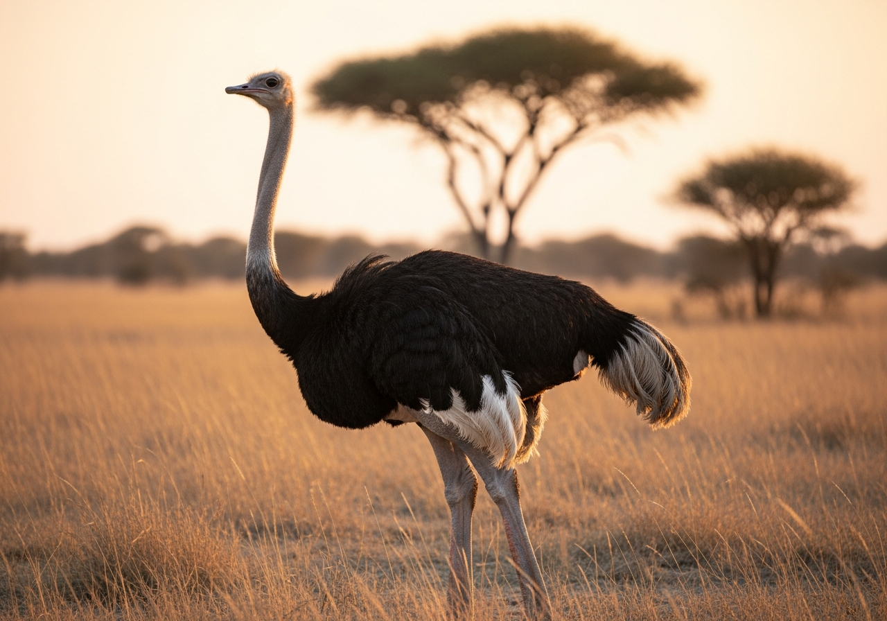 Adult ostrich standing on dry African grassland with long neck and large eyes