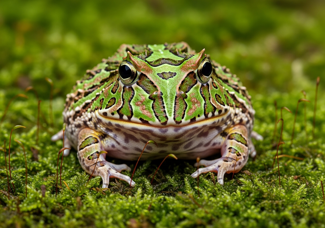 Round green and brown Pacman frog with a very wide mouth sitting in damp moss