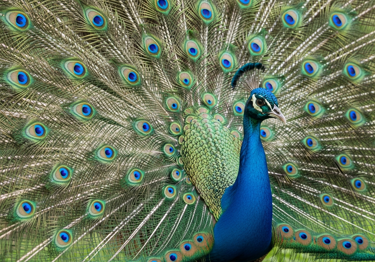 Male peacock displaying its full iridescent blue and green tail fan