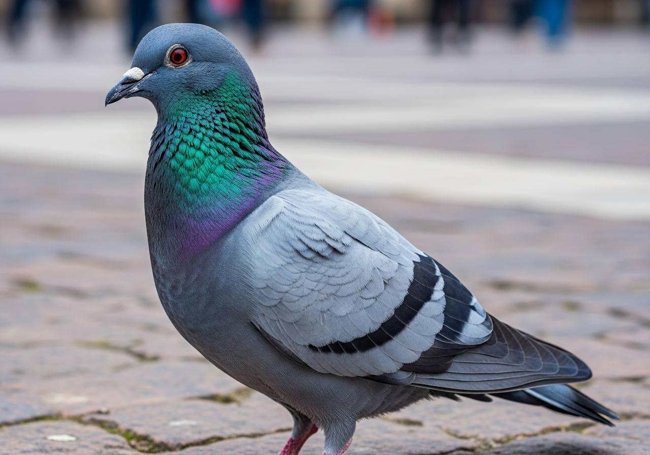 Rock pigeon with blue-grey plumage and iridescent green-purple neck standing on stone