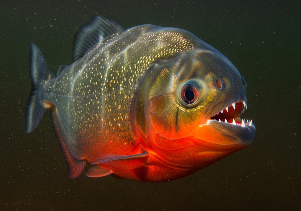 Red-bellied piranha with a silvery body and reddish belly in murky river water