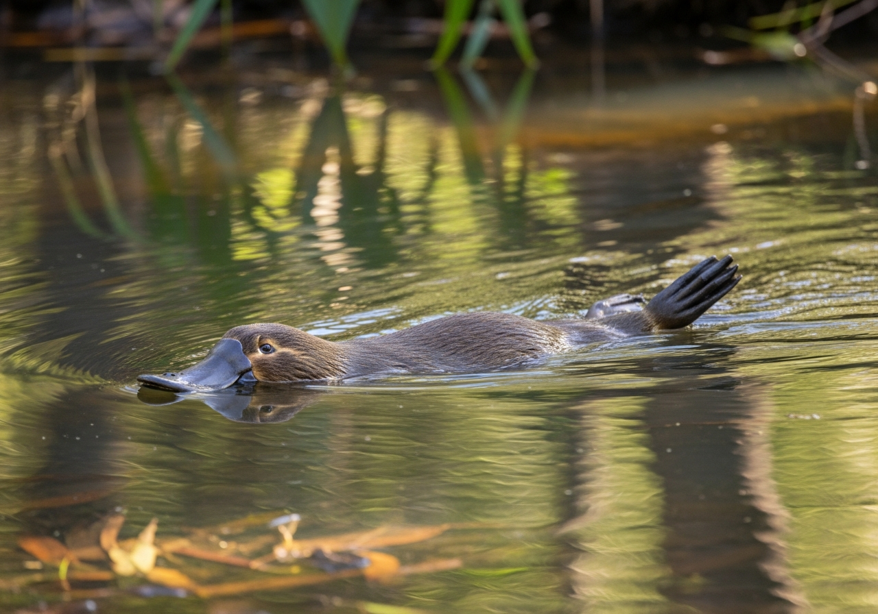 Platypus swimming at the surface of an Australian freshwater stream, showing its duck-like bill and dark waterproof fur