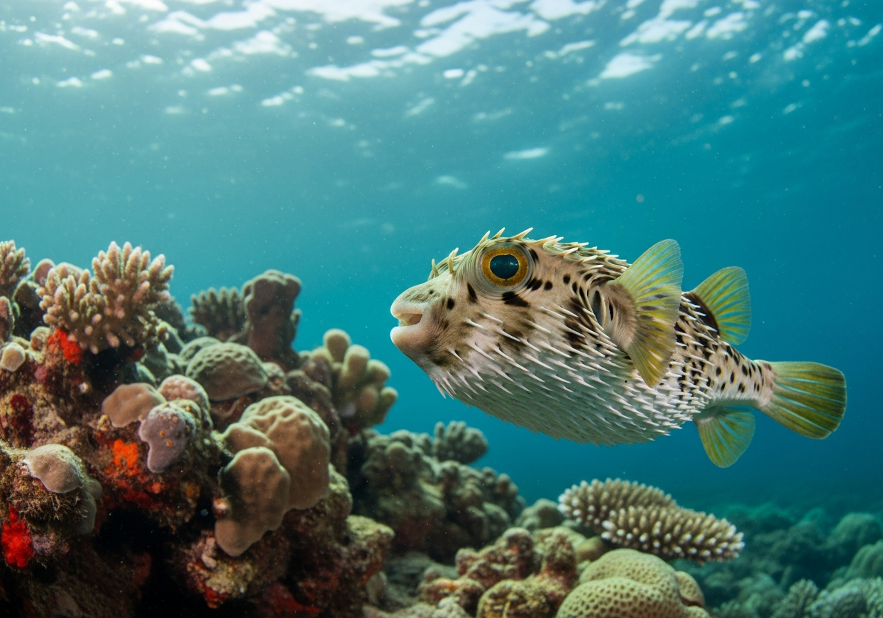 Pufferfish inflated into a spiky round ball underwater