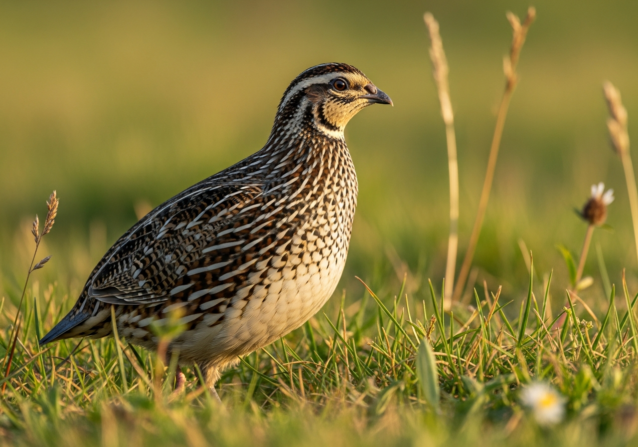 Small plump common quail with mottled brown plumage standing in grass