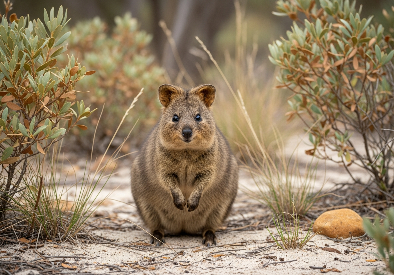 Quokka, a small round-faced marsupial, sitting on the ground appearing to smile