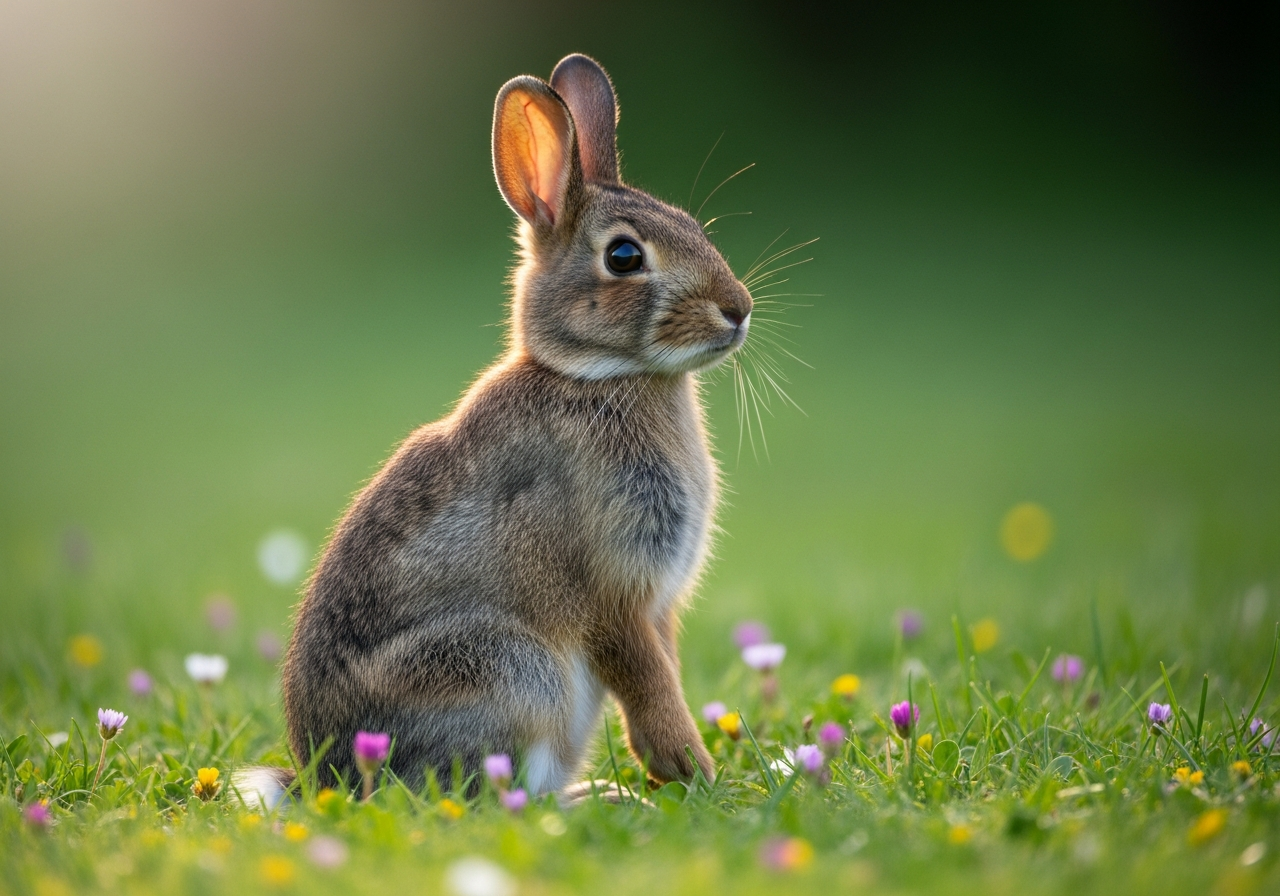 Brown rabbit sitting upright in green grass with small wildflowers
