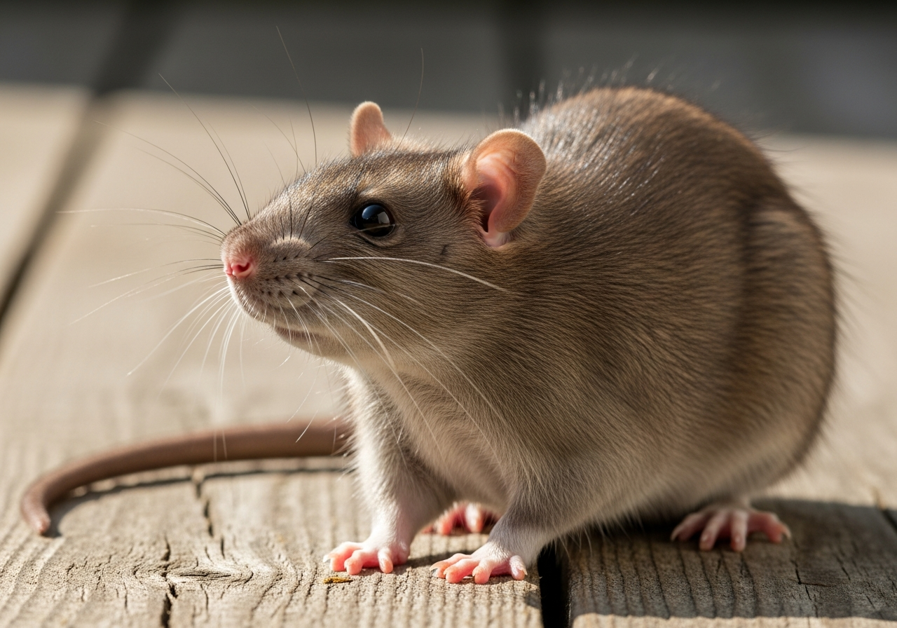 Brown rat with brown-grey fur and a long tail alert on a wooden surface